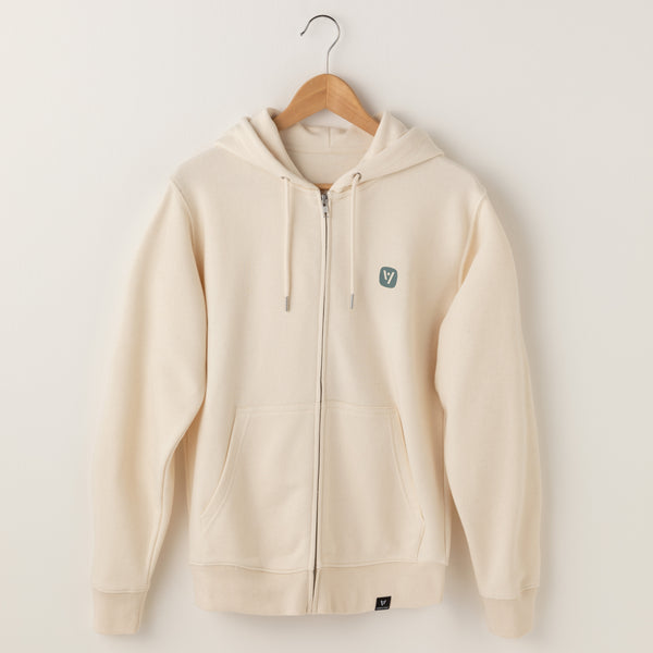 Naturweiße veercrew Zip-Hoodie "Haven" auf Kleiderbügel, Freisteller